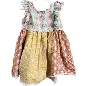 Mustard Pie Girls Patchwork Dress Blue Pink Yellow Floral Lace Ruffle Size 8